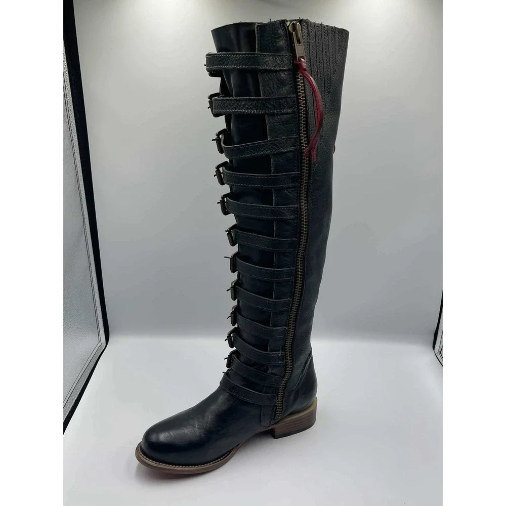 Freebird by Steven Rylan Navy Multi Leather Multi Buckle Tall Boots Women 8